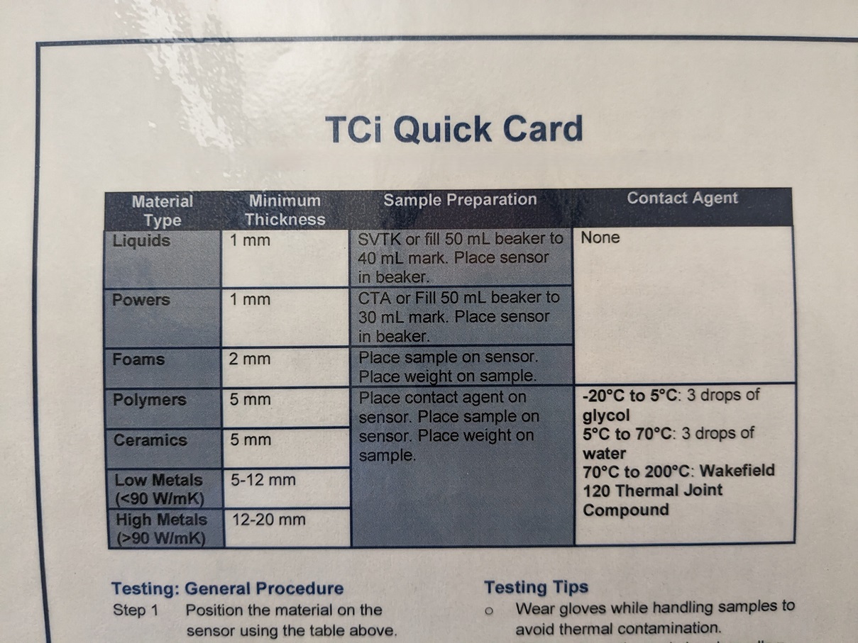 TCi Quick Card showing minimum thickness, sample preparation, and contact agent to use for each material type, as well as a general testing procedure.