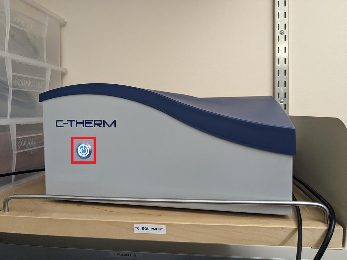 C-Therm TCi instrument with red box indicating the power button