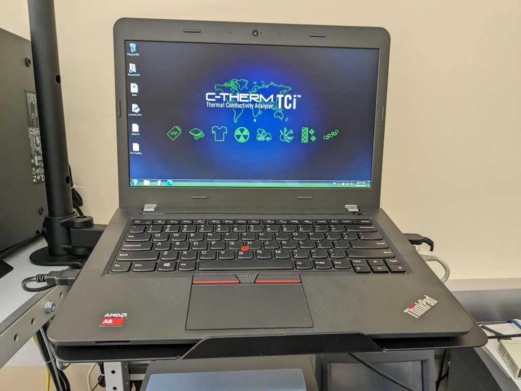 Laptop associated with the C-Therm TCi instrument, open and showing the desktop