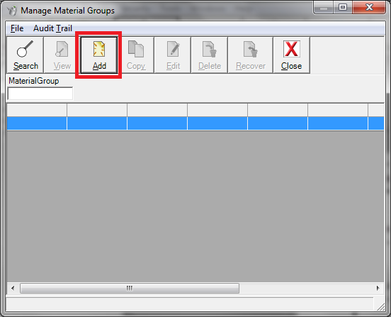 Screenshot of the "Manage Material Groups" dialog with red box indicating the "Add" button