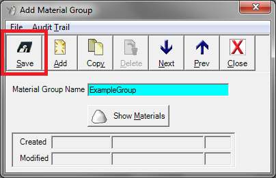 Screenshot of the "Add Material Group" dialog with red box indicating the "Save" button