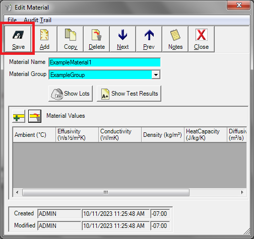 Screenshot of the "Edit Material" dialog with red box indicating the "Save" button