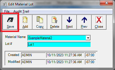 Screenshot of the "Edit Material Lot" dialog with red box indicating the "Save" button