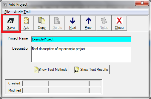 Screenshot of the "ADd Project" dialog with red box indicating the "Save" button