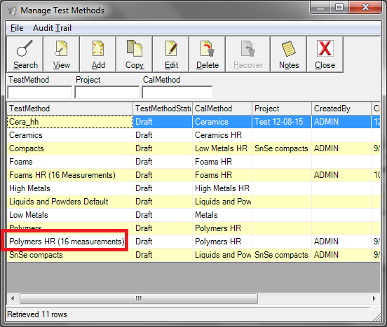 Screenshot of the "Manage Test Methods" dialog with red box indicating the material method to be edited