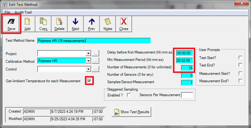 Screenshot of the "Edit Test Method" dialog with red boxes indicating the "Save" button, the "Get Ambient Temperature for each Measurement" checkbox, and the most important fields like "Delay", "Min Measurement Period", and "Number of Measurements"