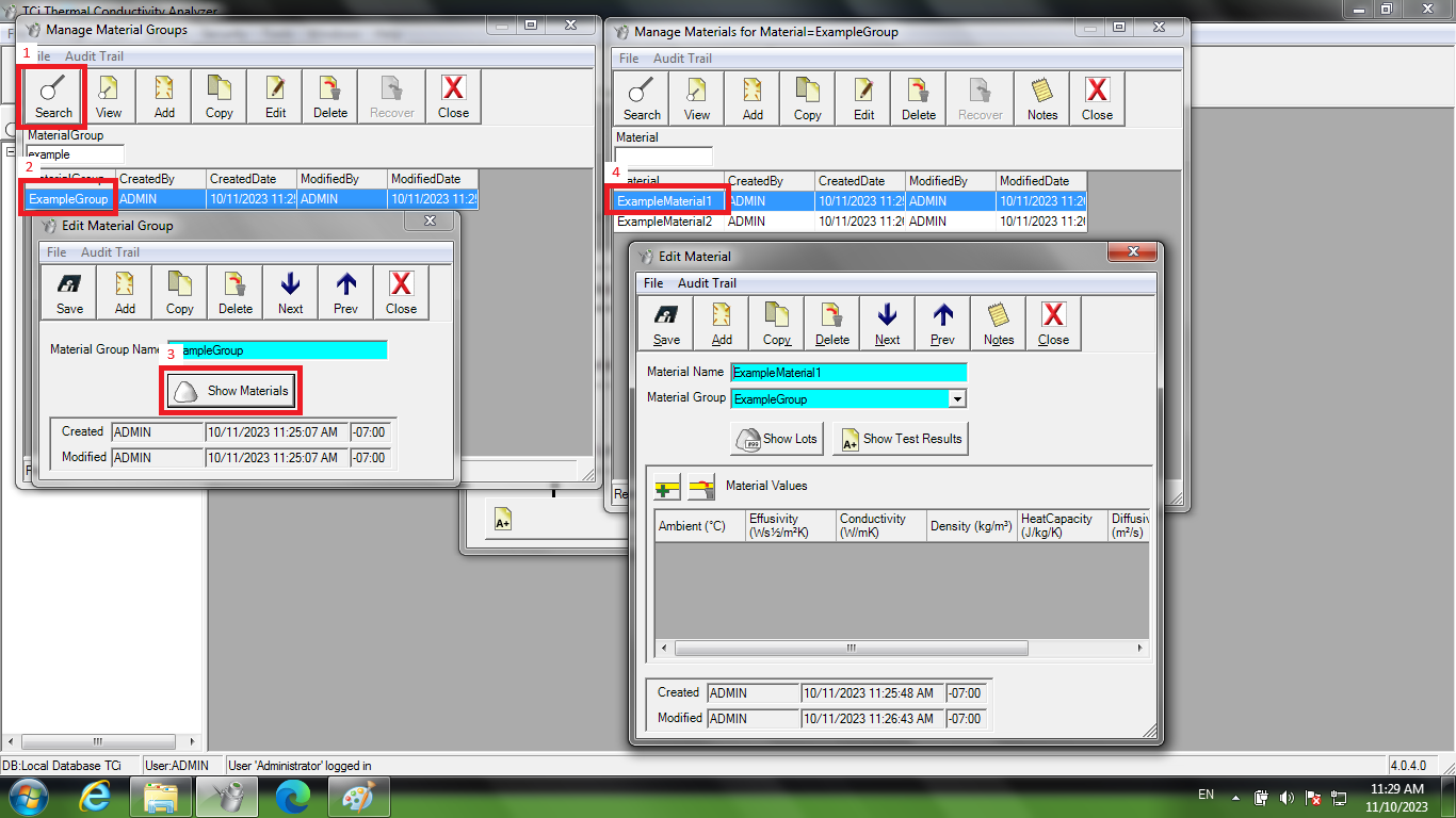 Screenshot of various dialogs with a sequence of red boxes indicating relationships between "ExampleGroup", "ExampleMaterial1", and "ExampleMaterial2"