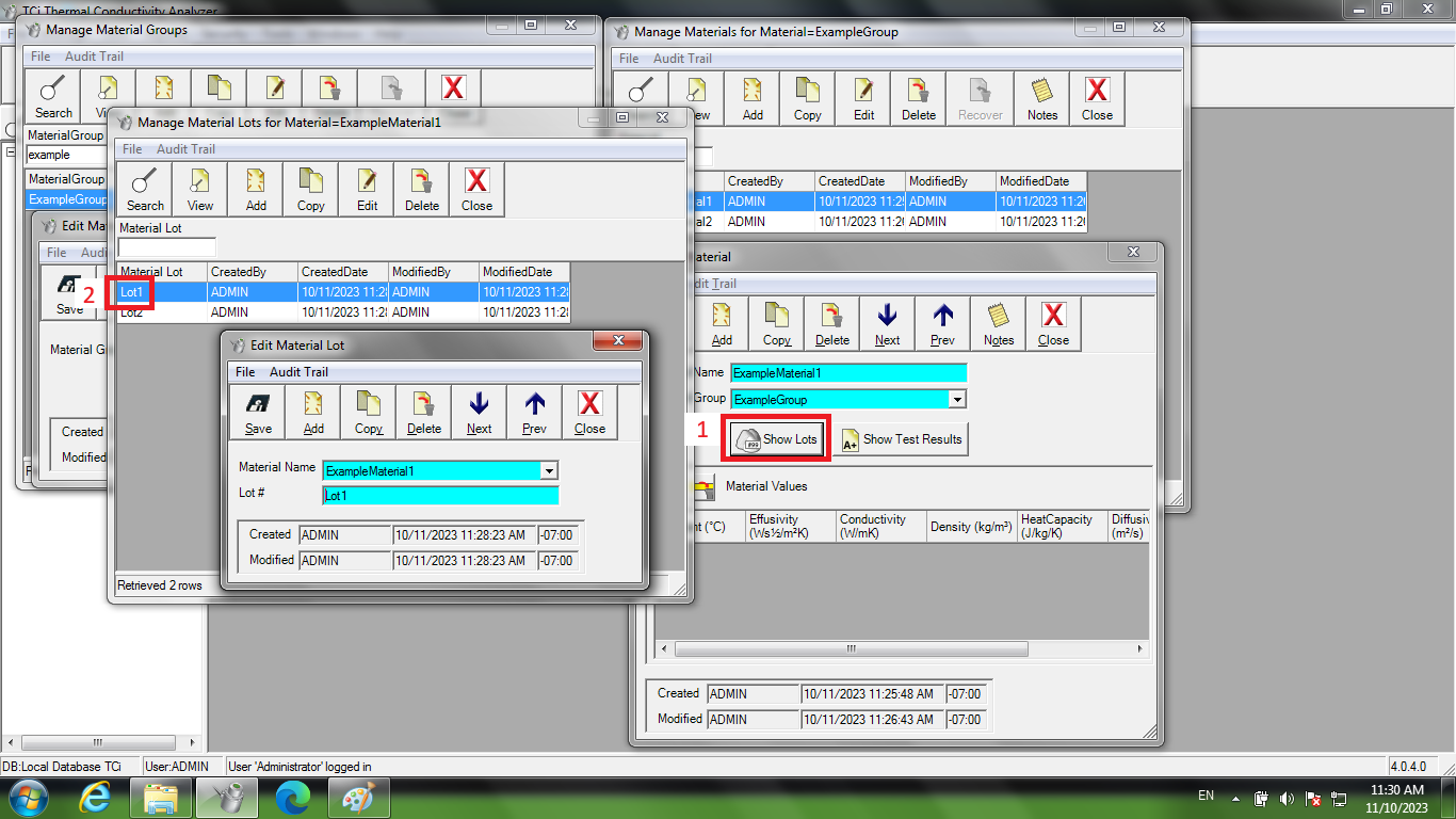 Screenshot of various dialogs with a sequence of red boxes indicating relationship between "ExampleMaterial1" and "Lot 1"