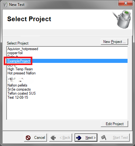 Screenshot of "Select Project" dialog with red box indicating the project to be selected