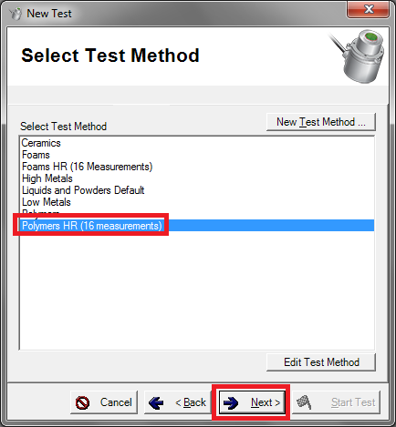 Screenshot of "Select Test Method" dialog with red box indicating the test method to be selected