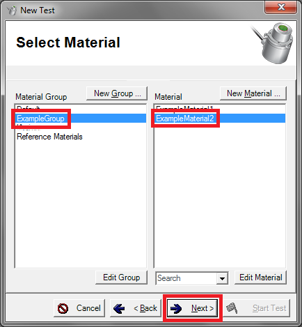 Screenshot of "Select Material" dialog with red box indicating the material to be selected