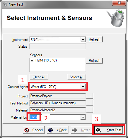 Screenshot of "Select Instrument" dialog with sequence of red boxes indicating the process of selecting a contact agent, material lot, and starting the test