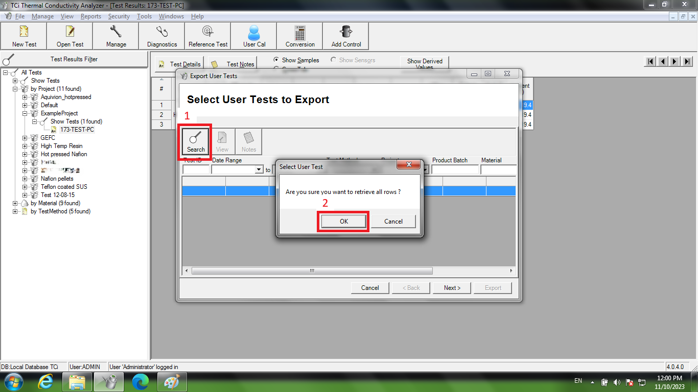 Screenshot of the "Export User Tests" dialog with sequence of red boxes indicating the search and retrieval of all tests