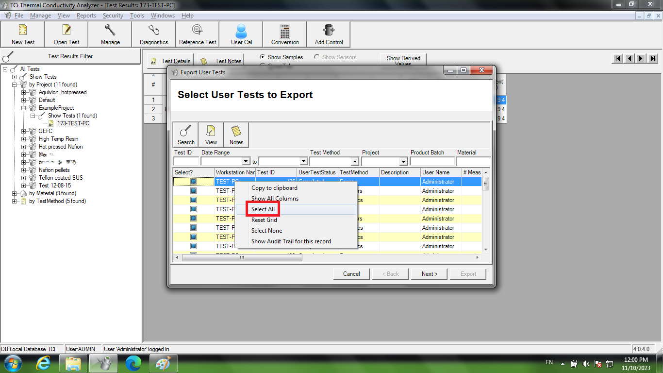 Screenshot of a now-populated "Export User Tests" dialog with red box indicating the "Select All" button