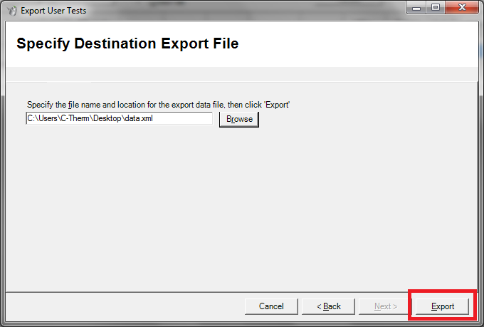 Screenshot of the final "Export User Tests" dialog with red box indicating the "Export" button