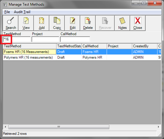 Screenshot of the "Manage Test Methods" dialog with red box indicating an "*" wildcard search example